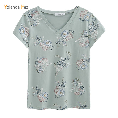 Yolanda Paz 2018 Newest Flowers Print Women t shirts high quality short sleeve tops tees 100% cotton v-neck women summer t shirt