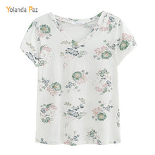 Yolanda Paz 2018 Newest Flowers Print Women t shirts high quality short sleeve tops tees 100% cotton v-neck women summer t shirt