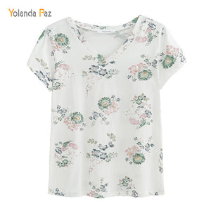 Yolanda Paz 2018 Newest Flowers Print Women t shirts high quality short sleeve tops tees 100% cotton v-neck women summer t shirt