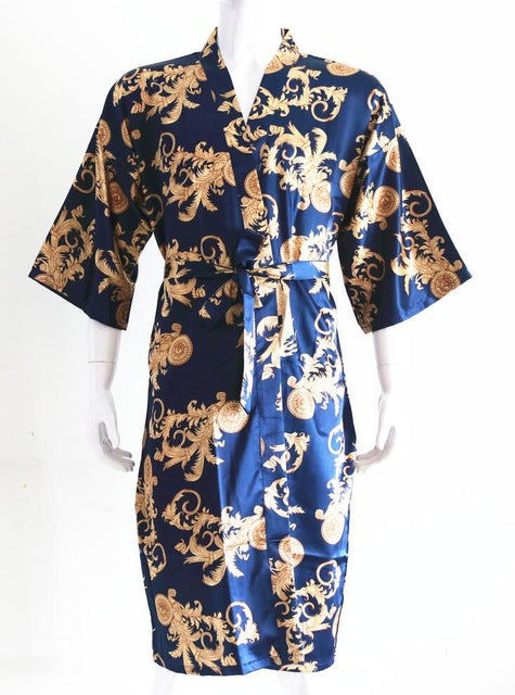 New Arrival Rayon silk Robe Dress Gown  Elegant Print Nightgowns Kimono Bathrobe Flower Nightdress Home Wear One Size