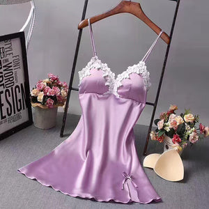 Ladies Sexy Silk Satin Pajama Lace Pyjama Sleeveless bra Sleepwear Wear Sleep Wear For Women Removable chest pad Sleep Tops